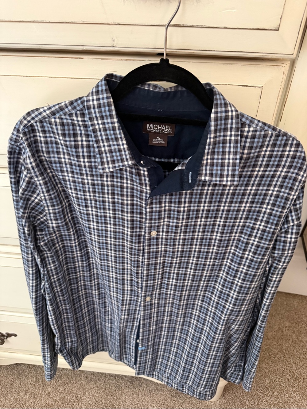 Michael Kors Men's Navy and White Plaid Button-Down Shirt